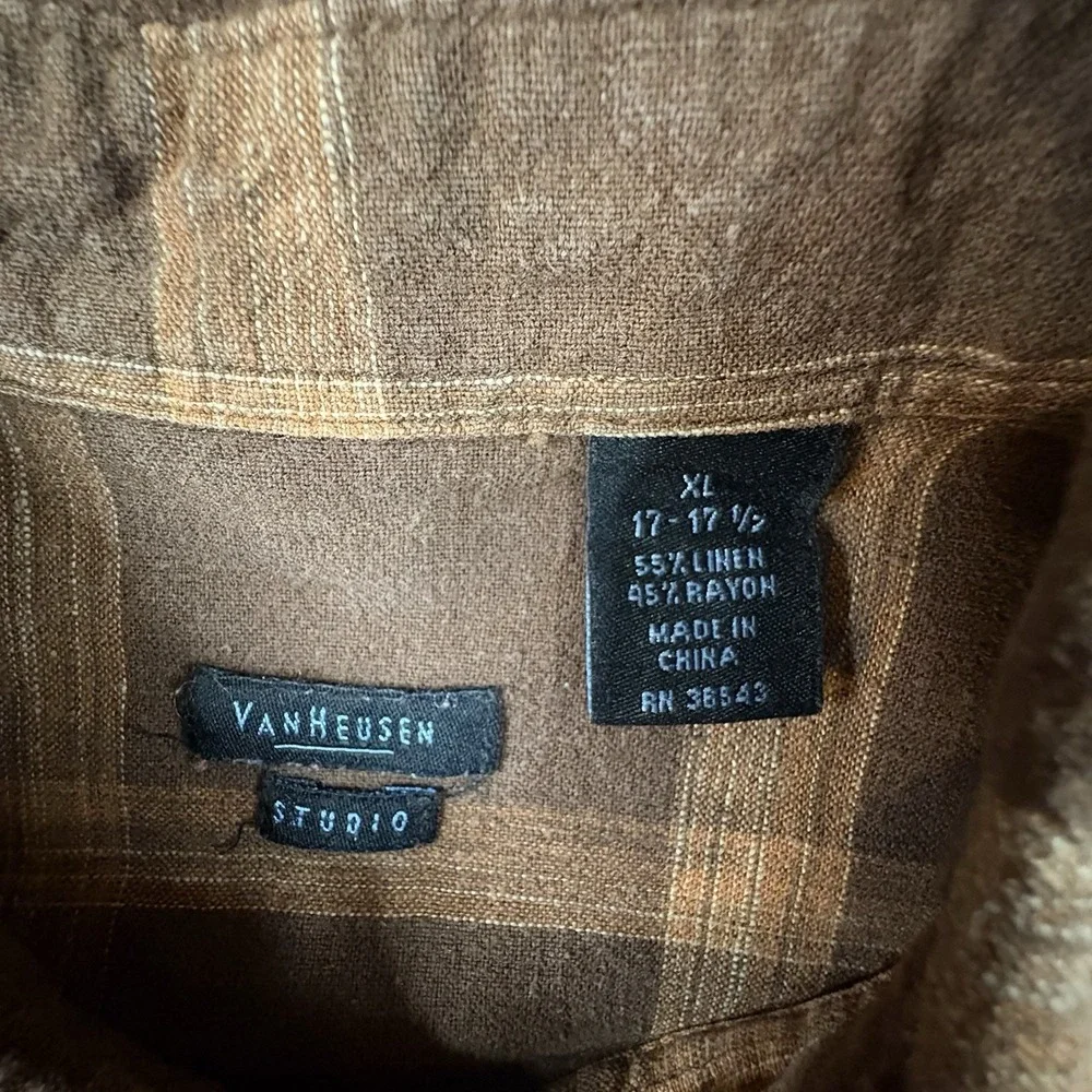 Van Heusen Men's XL Brown Plaid Linen Rayon SS Button Up Shirt SEE DESCRIPTION